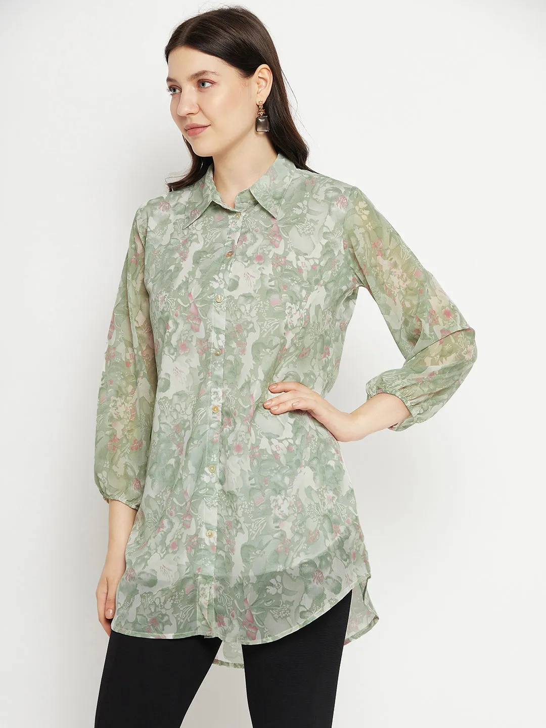 Casual Puff Sleeves Printed Women Green Top