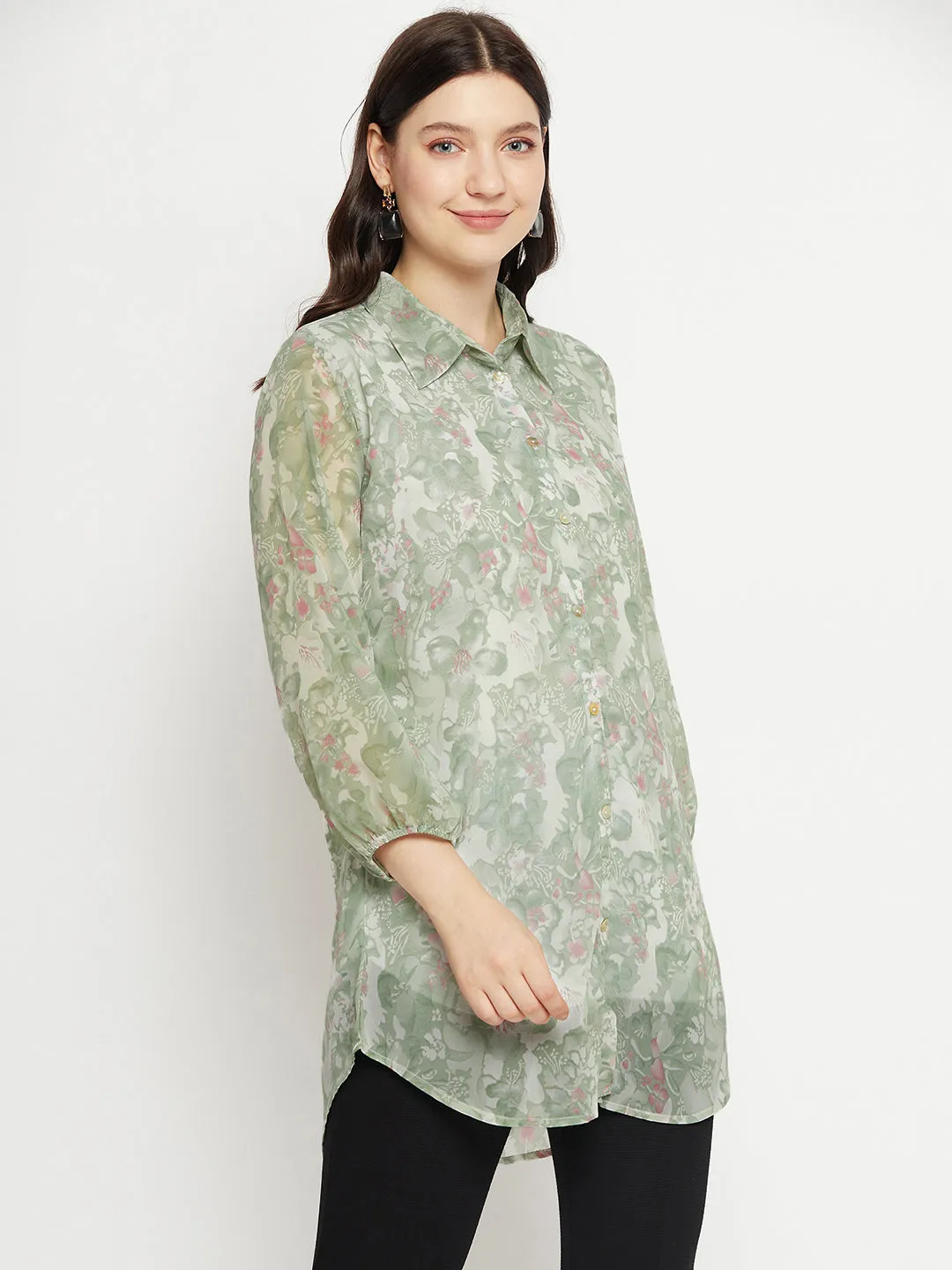 Casual Puff Sleeves Printed Women Green Top