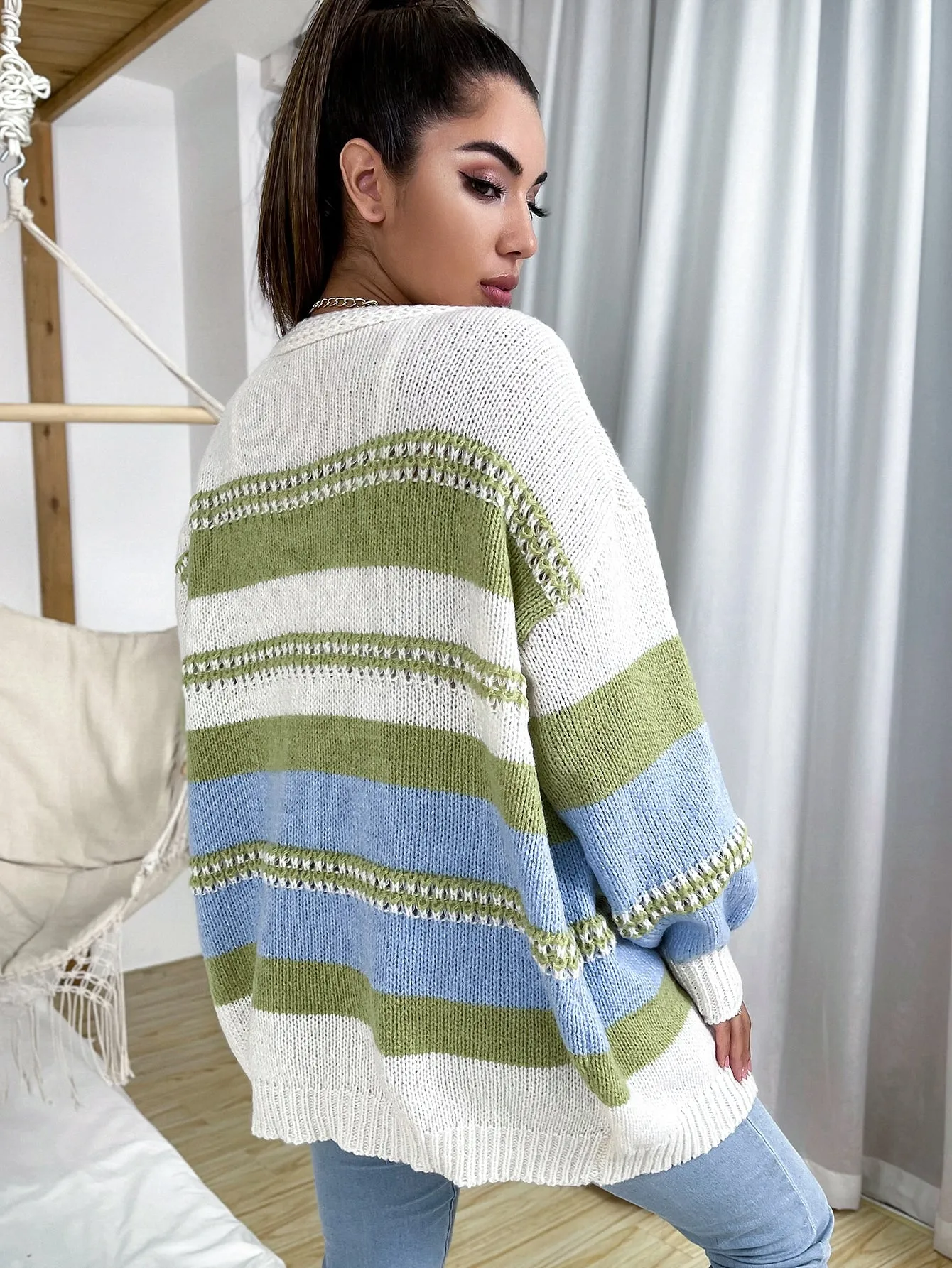 Casual Striped Rib-Knit Long Sleeve Regular Women Cardigan