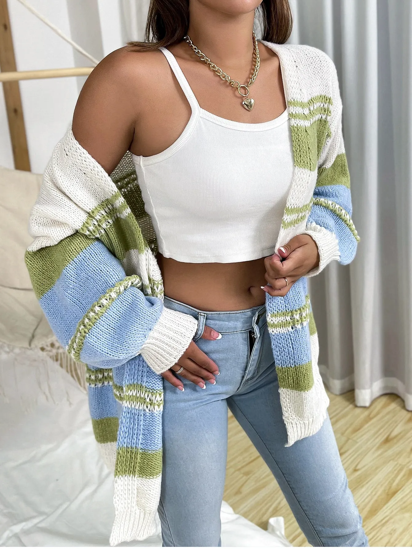 Casual Striped Rib-Knit Long Sleeve Regular Women Cardigan