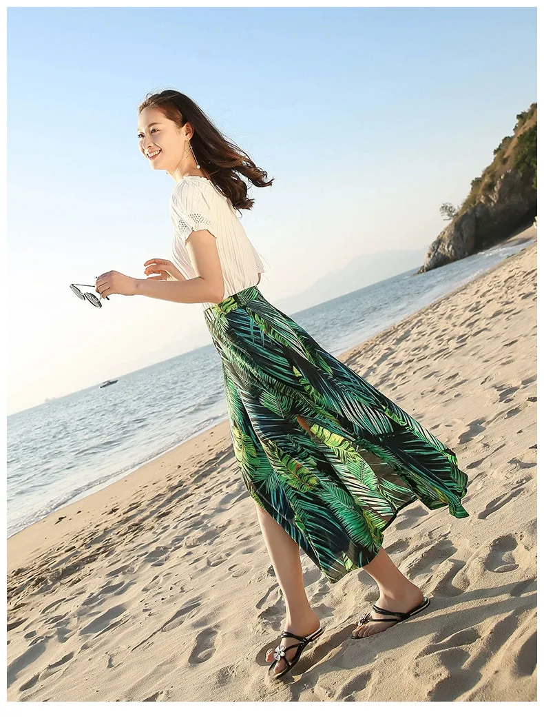 Chiffon Floral Print Slit Draped Beach Holiday Skirt