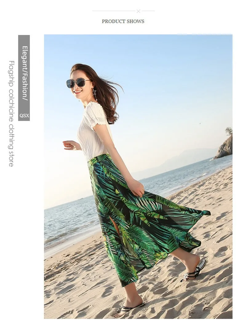 Chiffon Floral Print Slit Draped Beach Holiday Skirt