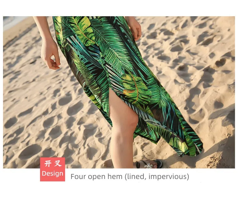 Chiffon Floral Print Slit Draped Beach Holiday Skirt