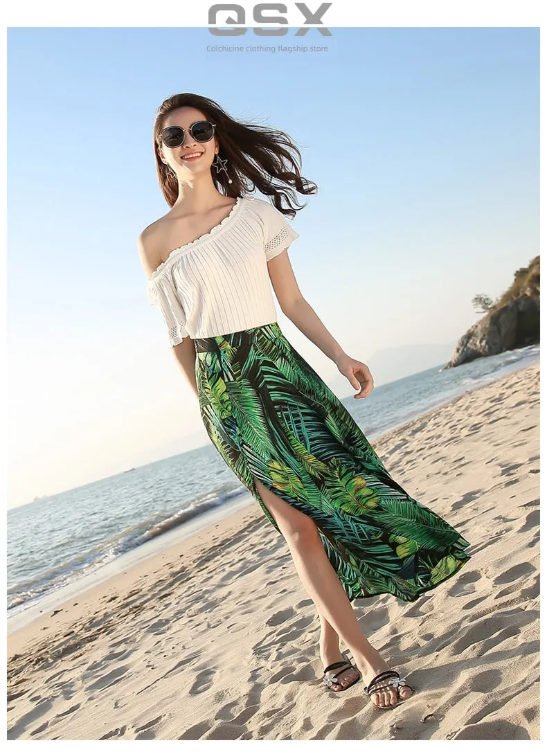 Chiffon Floral Print Slit Draped Beach Holiday Skirt