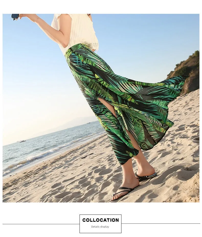 Chiffon Floral Print Slit Draped Beach Holiday Skirt