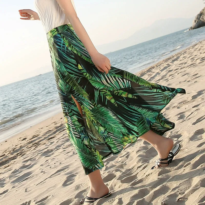 Chiffon Floral Print Slit Draped Beach Holiday Skirt