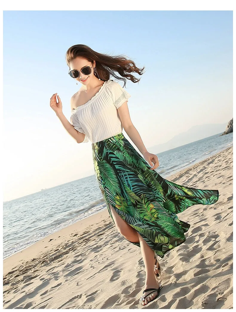 Chiffon Floral Print Slit Draped Beach Holiday Skirt