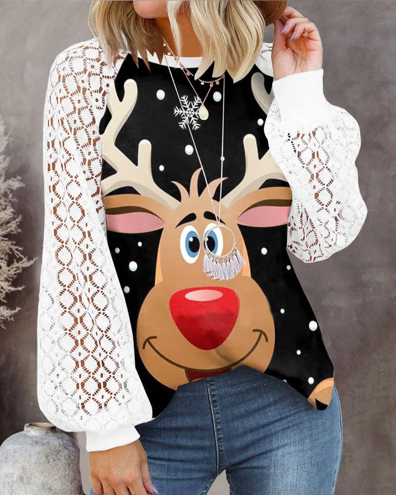 Christmas Crew Neck Printed Lace Lantern Long Sleeve T-Shirt