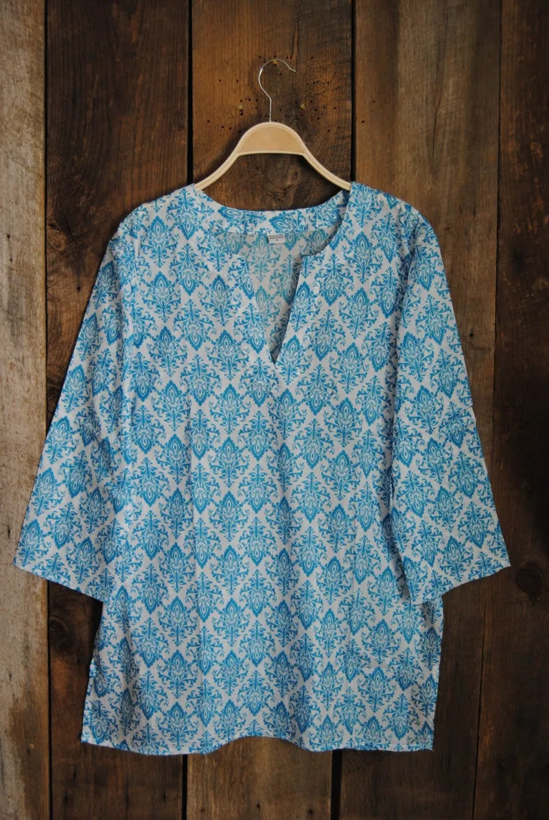 Cotton Tunic Top Turquoise Damask