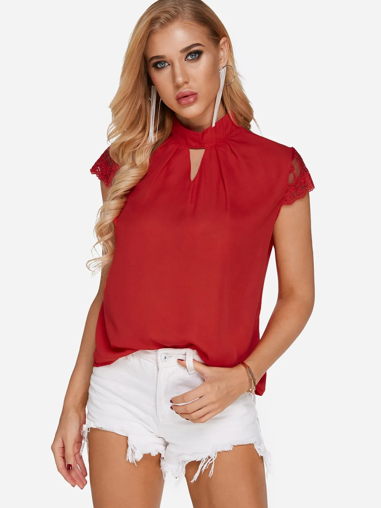 Custom Halter Plain Lace Cut Out Short Sleeve Blouses