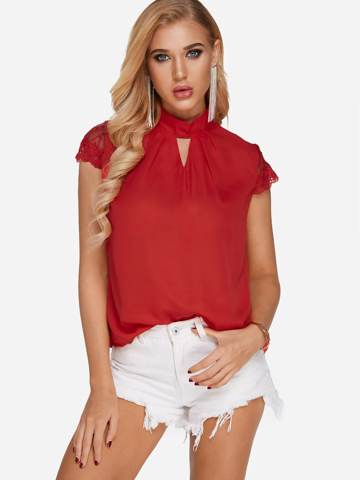 Custom Halter Plain Lace Cut Out Short Sleeve Blouses