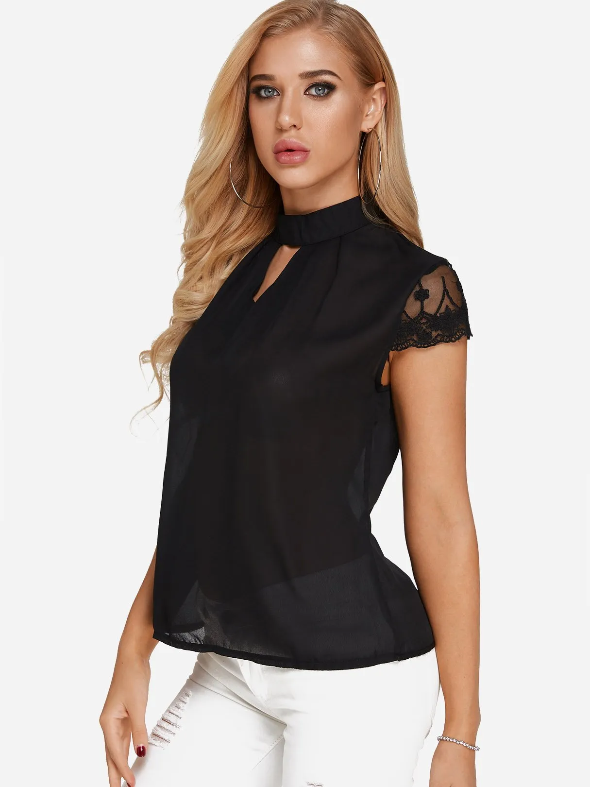 Custom Halter Plain Lace Cut Out Short Sleeve Blouses