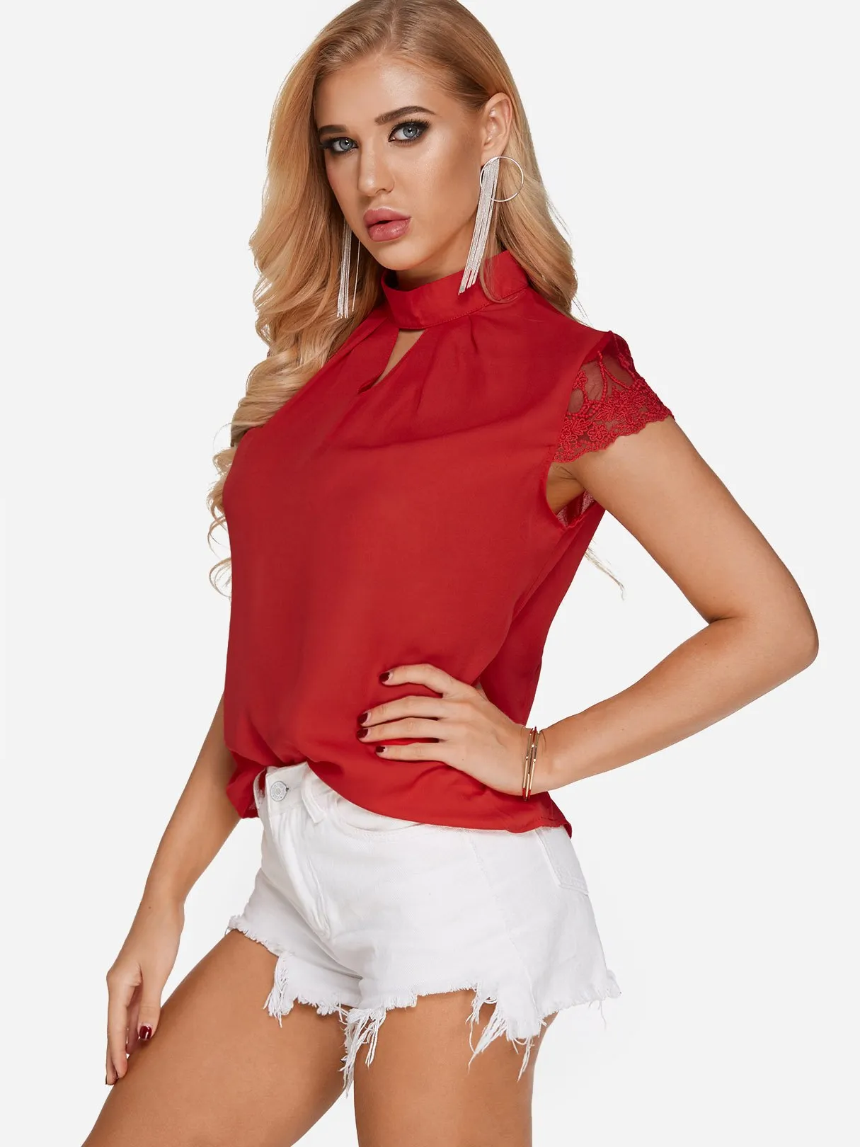 Custom Halter Plain Lace Cut Out Short Sleeve Blouses