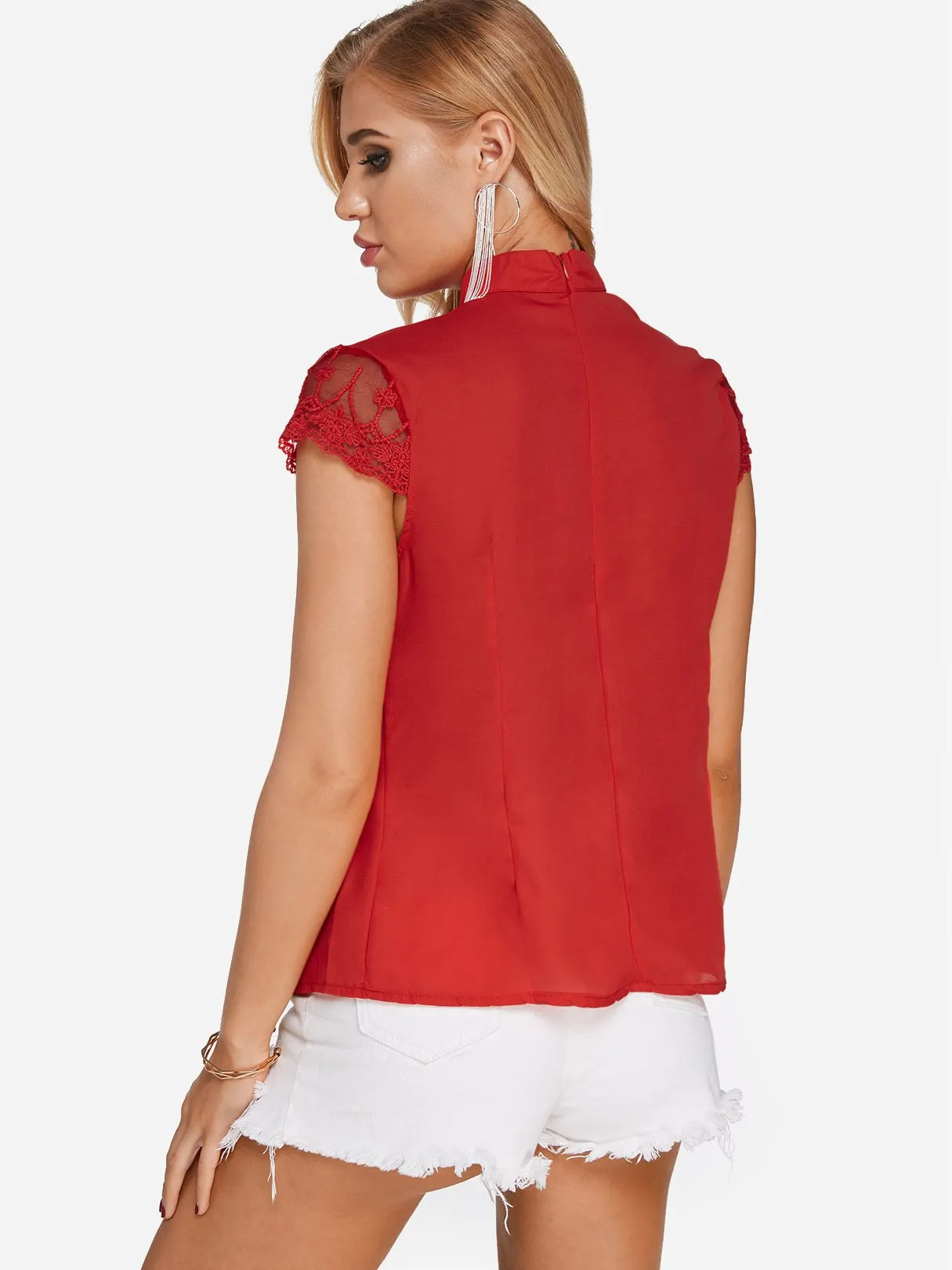 Custom Halter Plain Lace Cut Out Short Sleeve Blouses