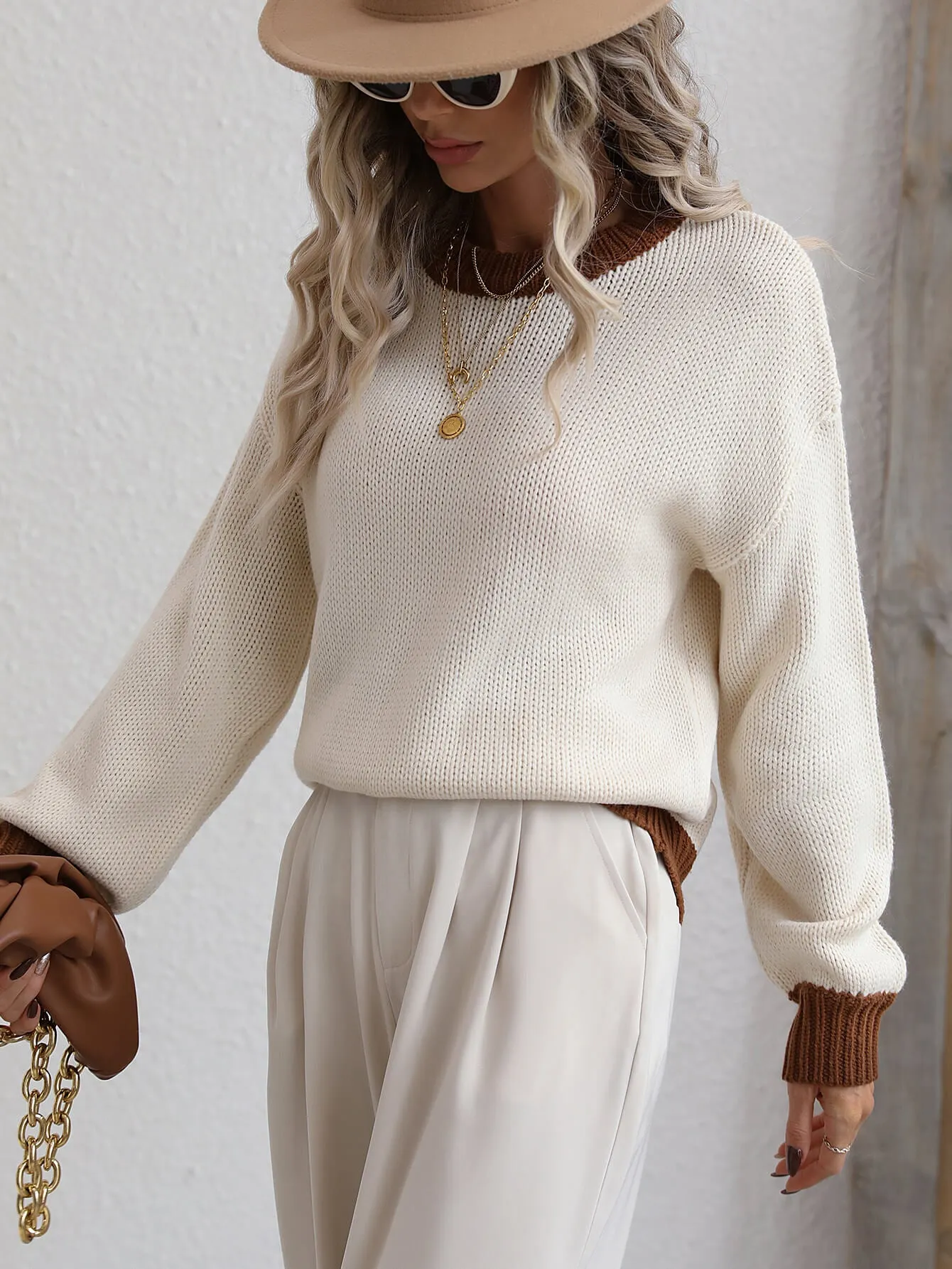 'Dakota' Contrast Trim Drop Shoulder Pullover Sweater (5 Colors)