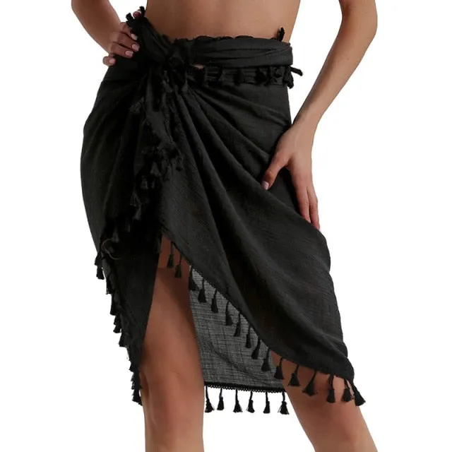 deanwangkt  Women Beach Dress Semi-sheer Swimwears Bikini Cover Ups Short Skirt with Tassels Chiffon Wrap Swimming Dress Sarong Pareo Shorts