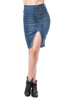 Denim Jean High Waisted Pencil Lace Up Leg Slit Skirt