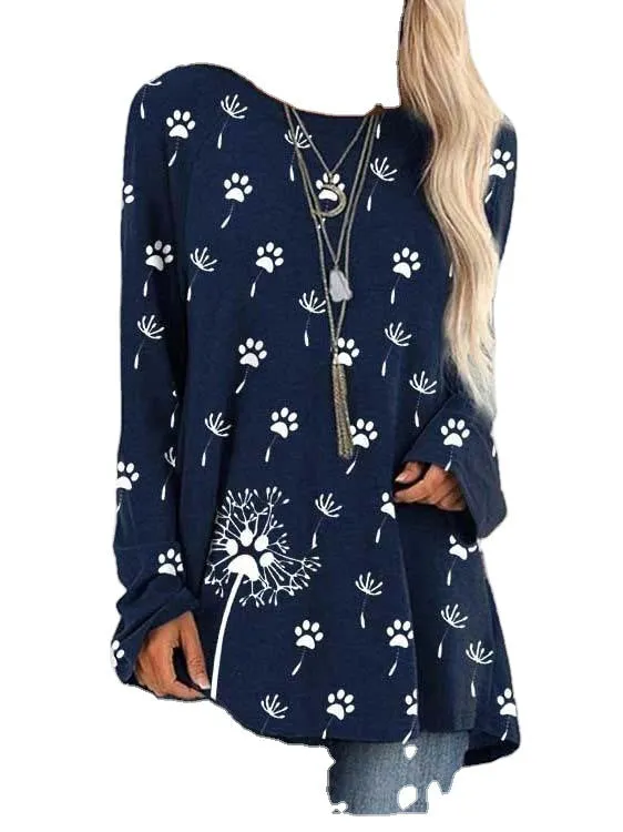 Fashion all-match printed long-sleeved round neck sweater