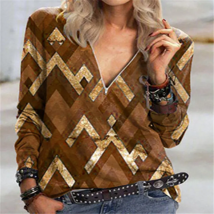 Fashion casual printed v-neck zipper top