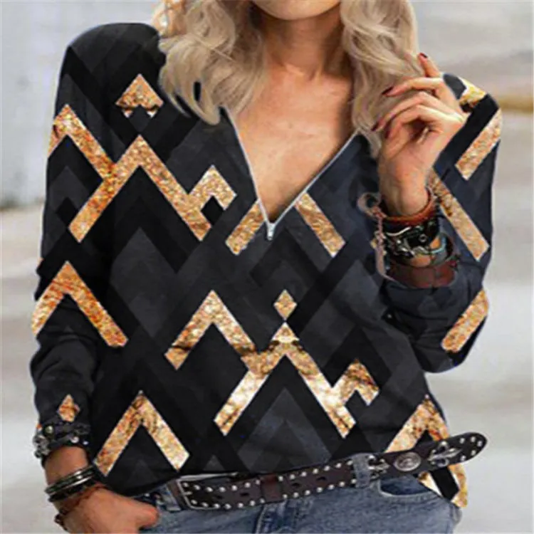 Fashion casual printed v-neck zipper top