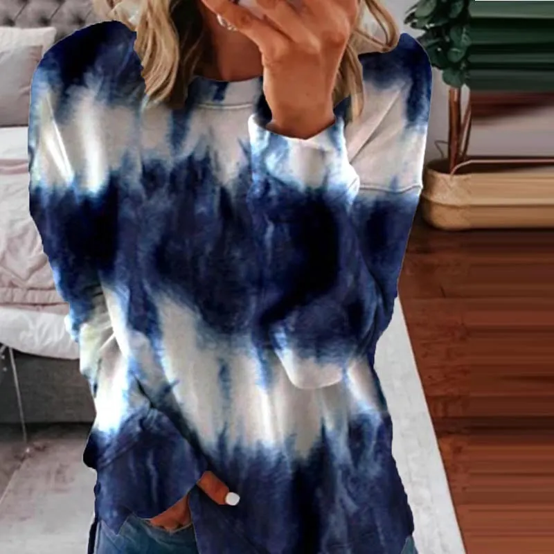 Fashion casual tie-dye printed long-sleeved loose round neck sweater women