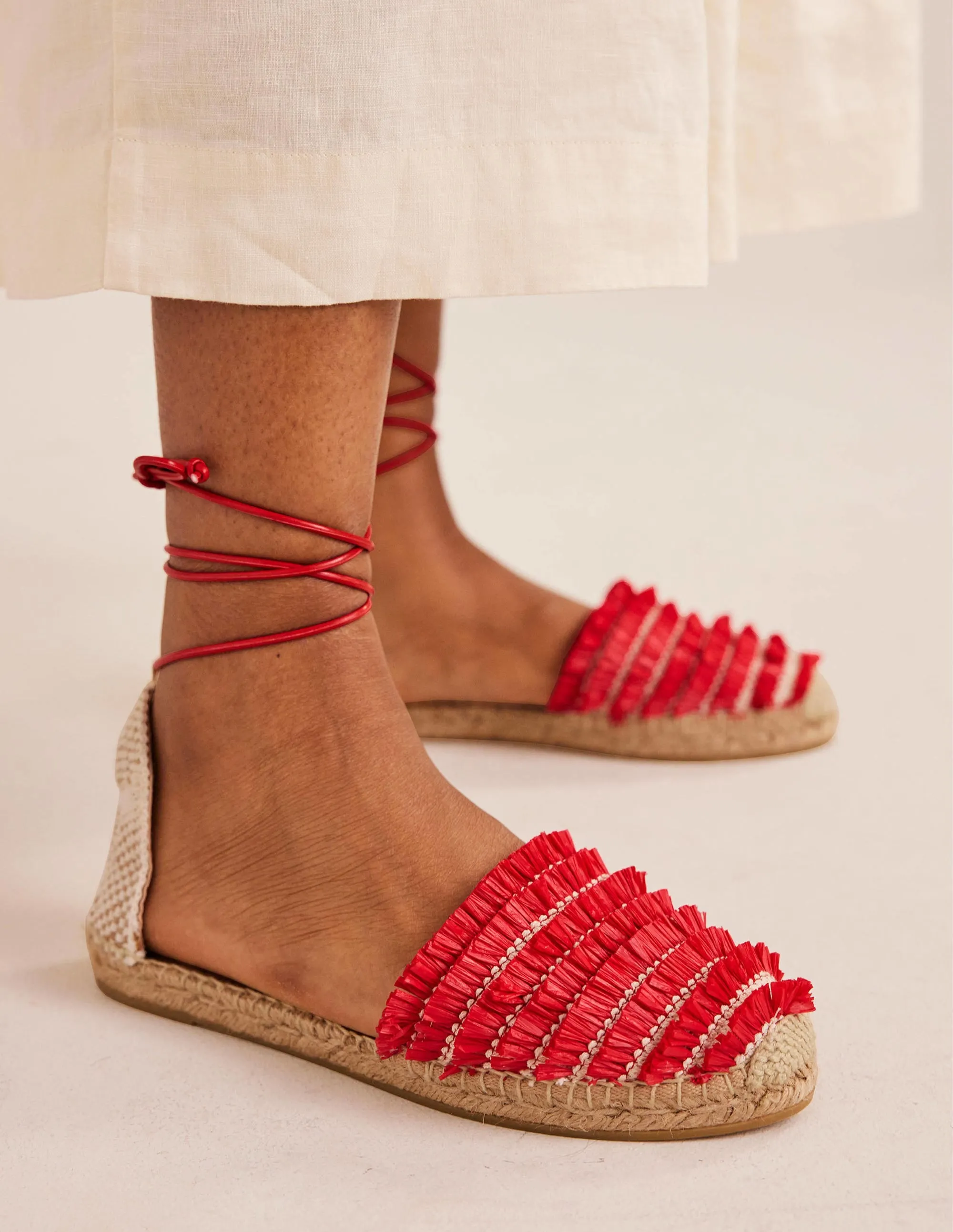 Fringe Detail Flat Espadrilles-Vermillion Red