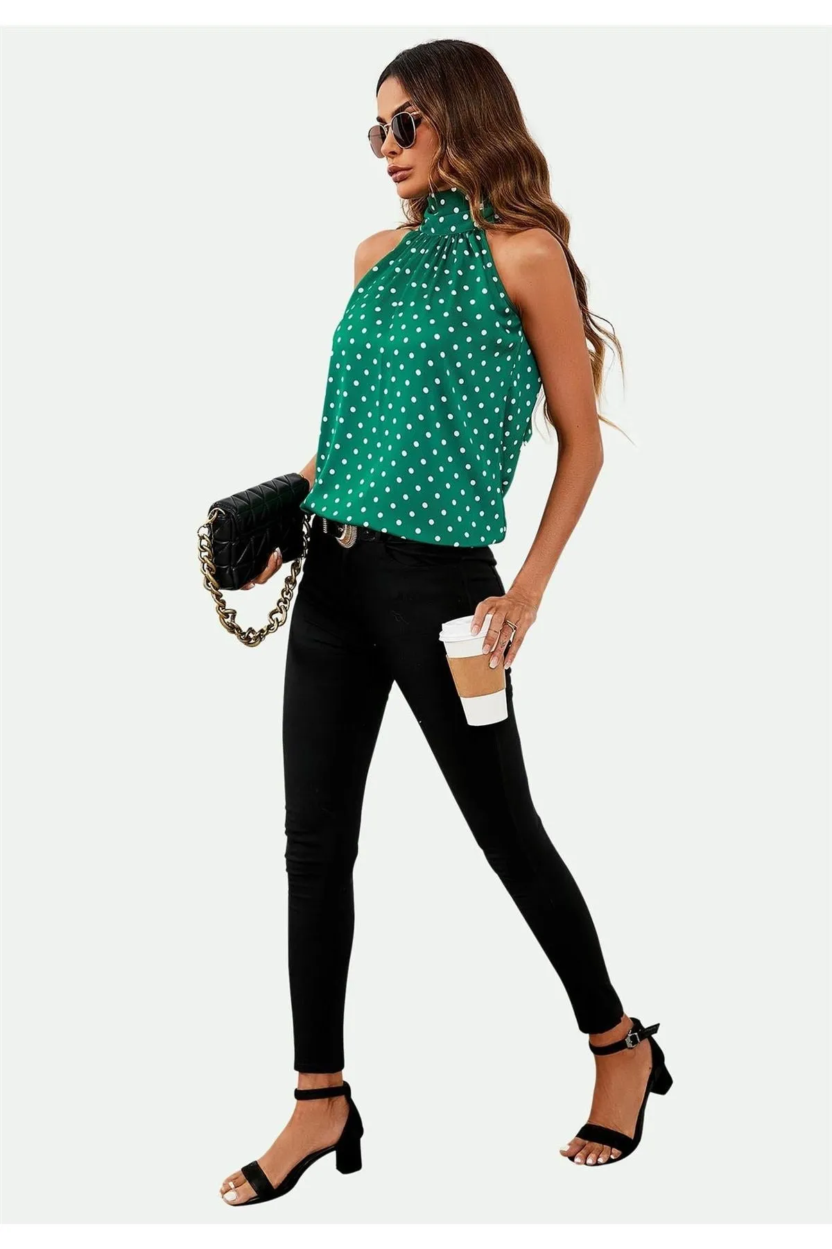 FS Collection Polka Dot Print Halter Neck Tie Back Top In Green