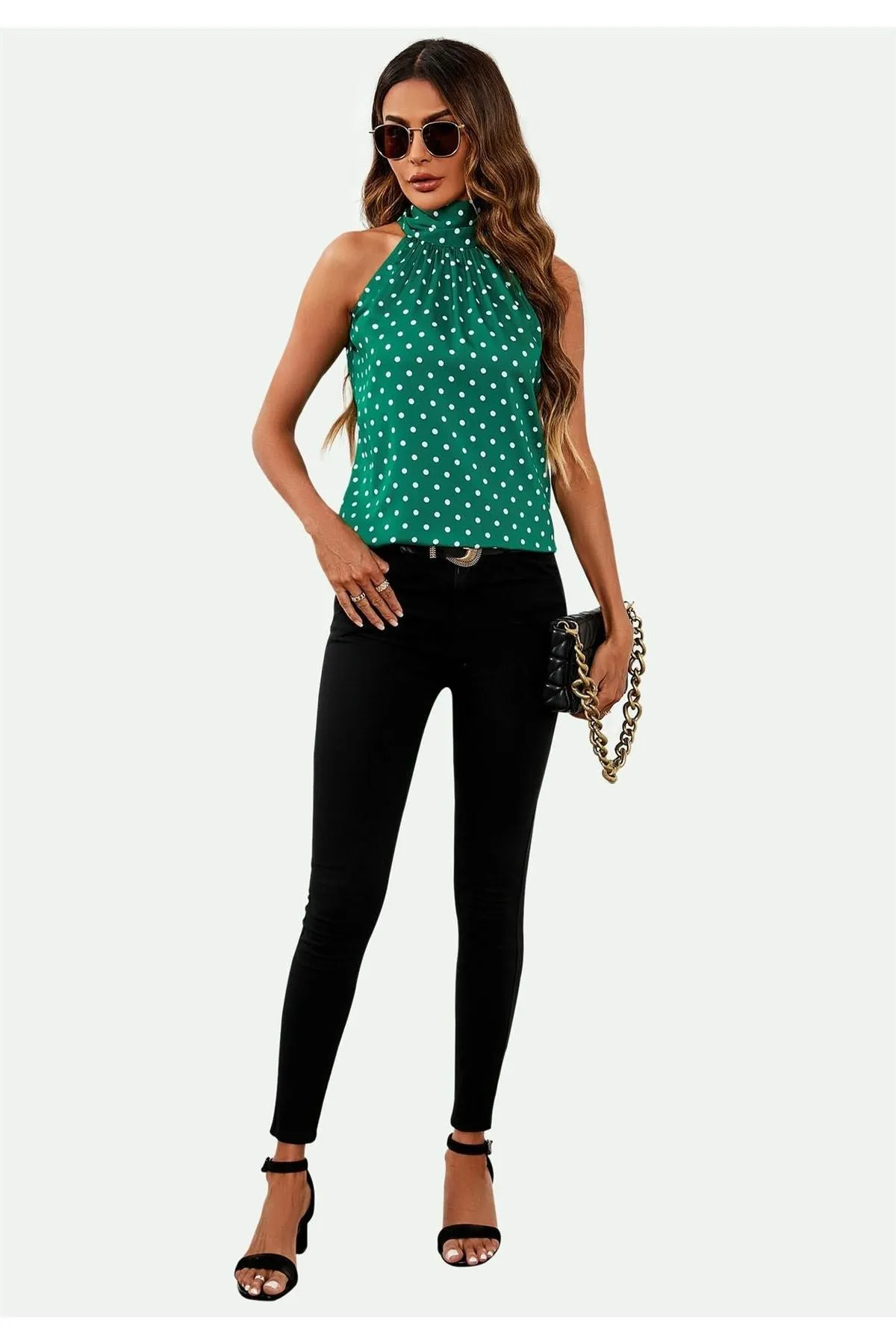 FS Collection Polka Dot Print Halter Neck Tie Back Top In Green