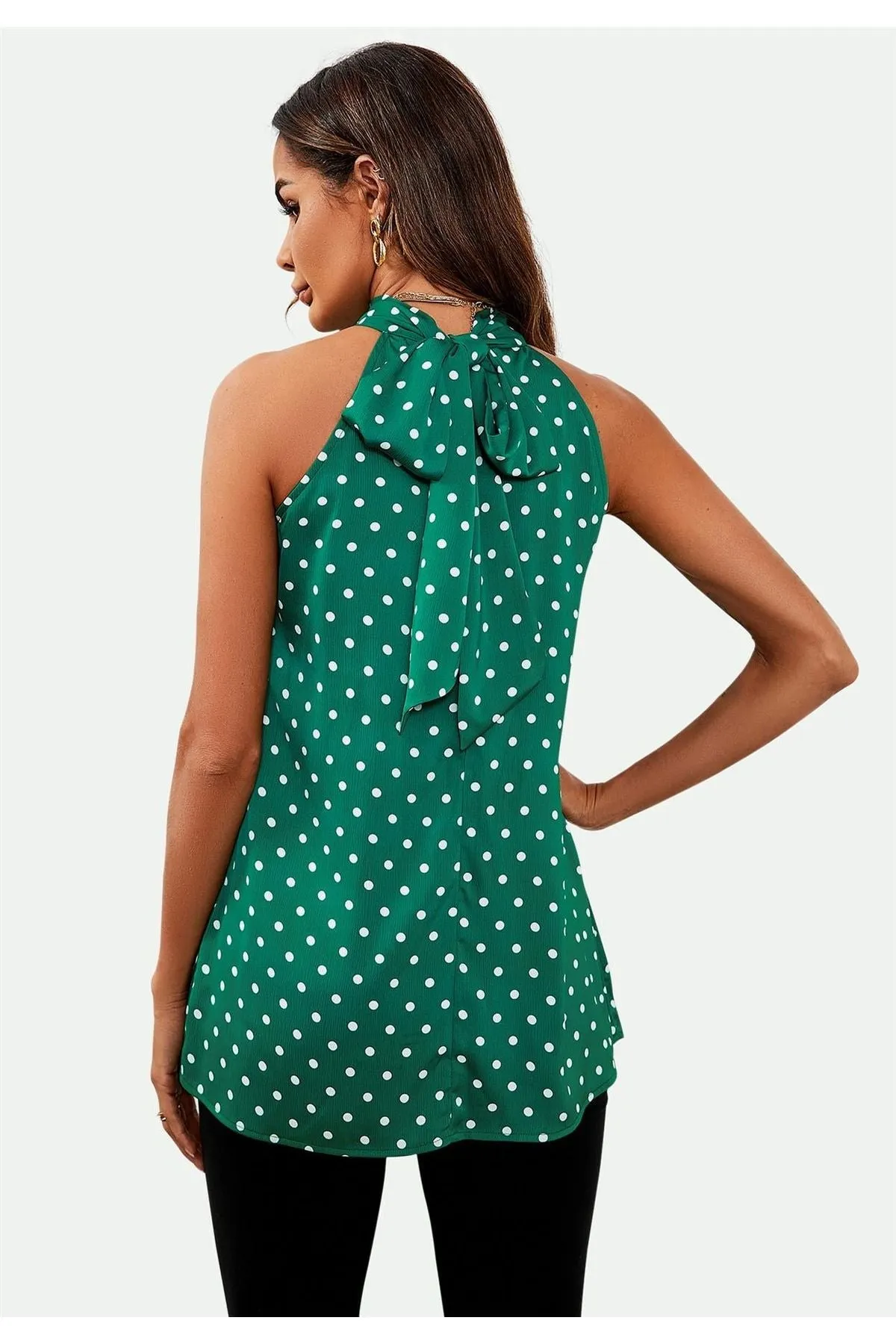 FS Collection Polka Dot Print Halter Neck Tie Back Top In Green