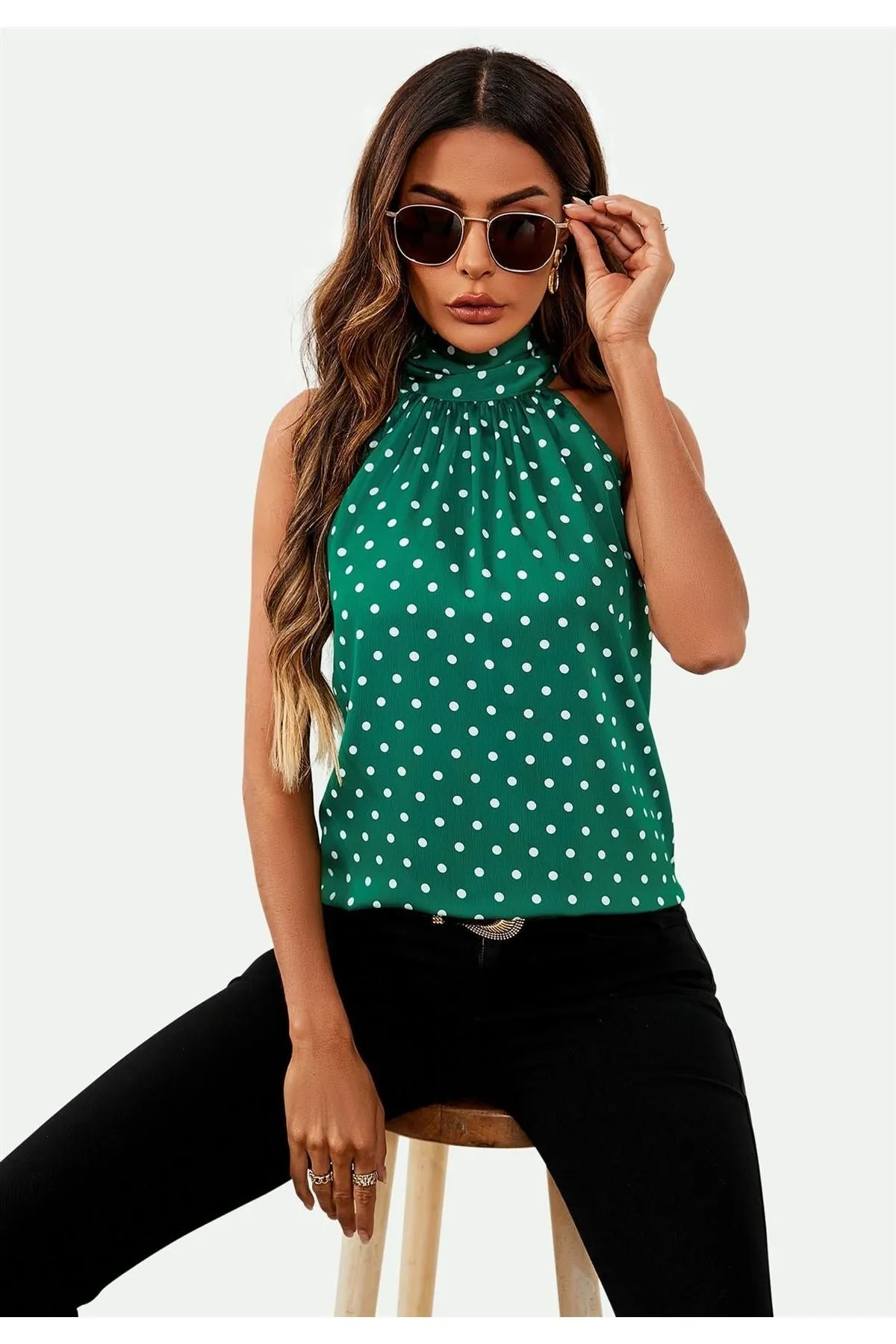 FS Collection Polka Dot Print Halter Neck Tie Back Top In Green