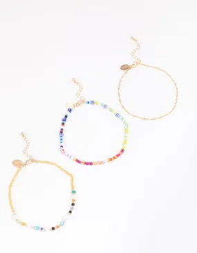 Gold Mixed Beaded & Pearl Anklet 3-Pack