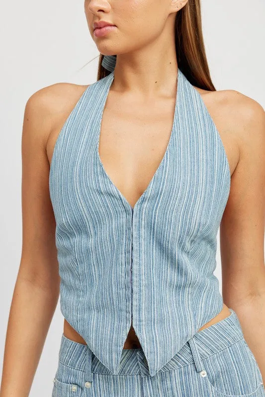 Halter Denim Top with Back Tie