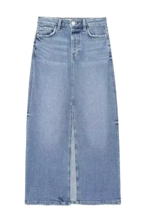 'Heidi' High-Waist Slit Denim Midi Skirt