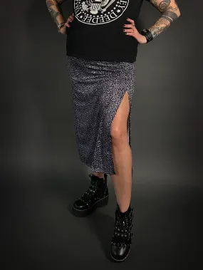 High Slit Animal Print Patterned Midi Stretch Skirt in Black, Blue, & Gray