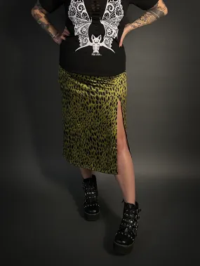 High Slit Animal Print Patterned Midi Stretch Skirt in Green & Black