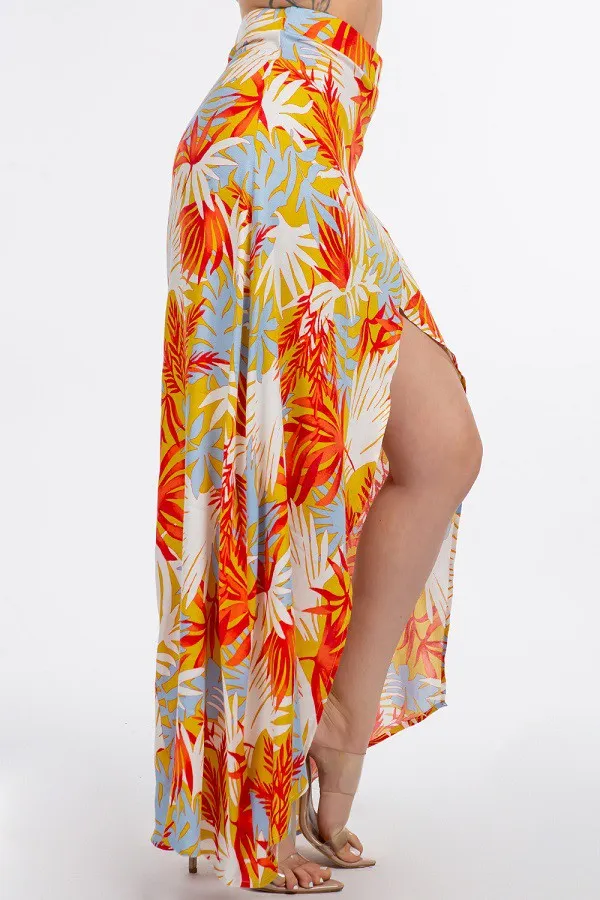 High Slit Tropical Print Skirt