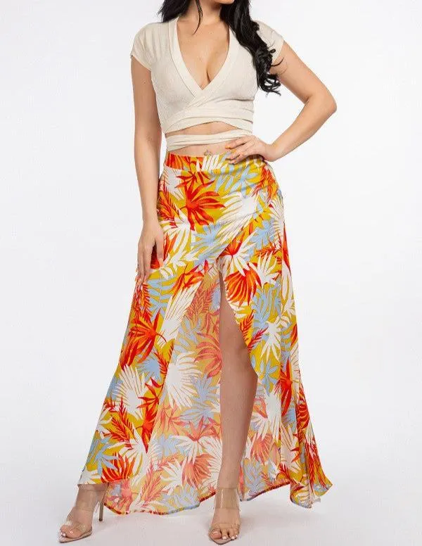 High Slit Tropical Print Skirt