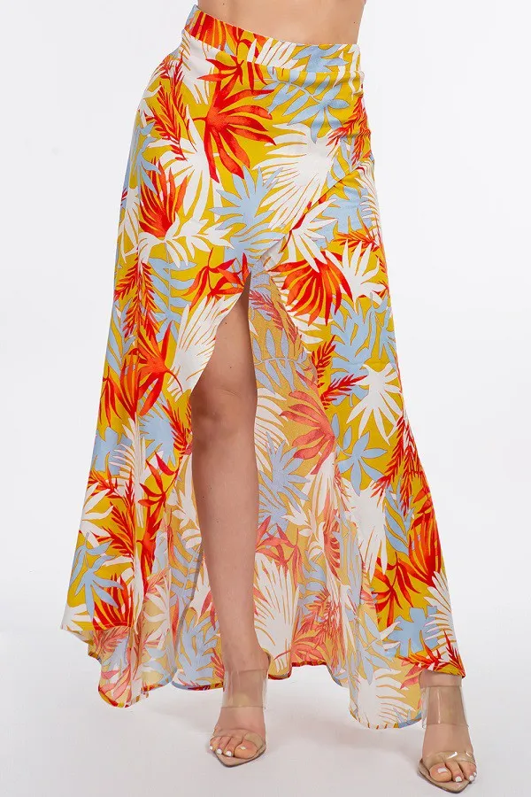 High Slit Tropical Print Skirt