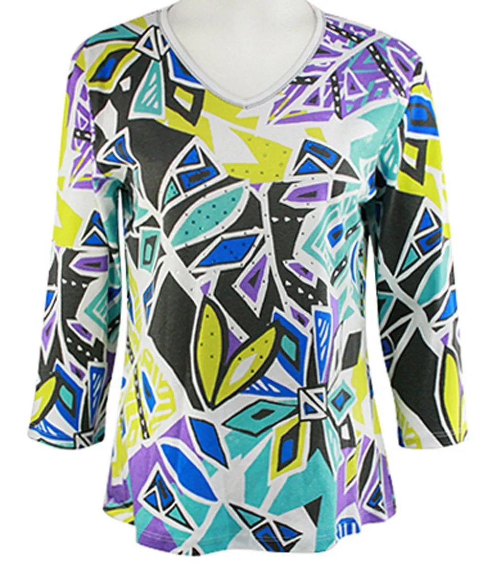 Jess & Jane - Geo Maze, 3/4 Sleeve V-Neck, Rhinestone Accents, Cotton Print Top