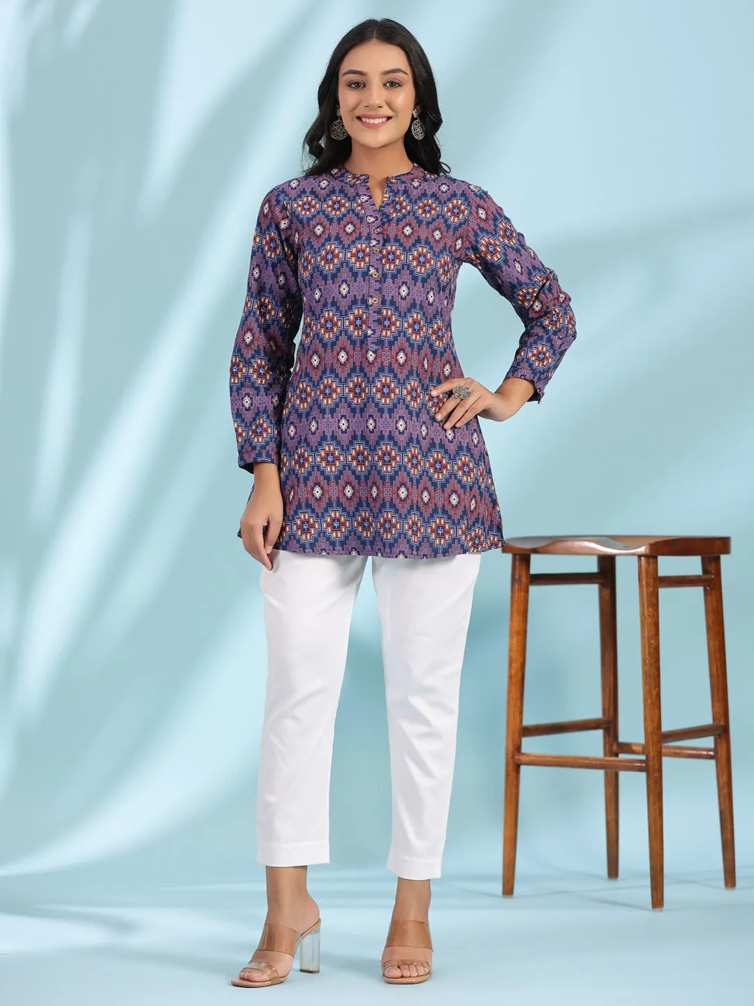 Juniper The Crafted Geometrics Blue Geometric Printed Rayon Tunic