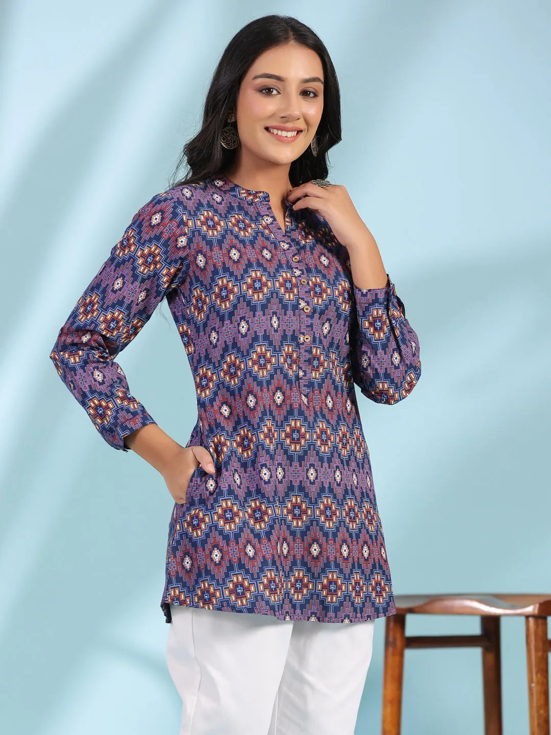 Juniper The Crafted Geometrics Blue Geometric Printed Rayon Tunic