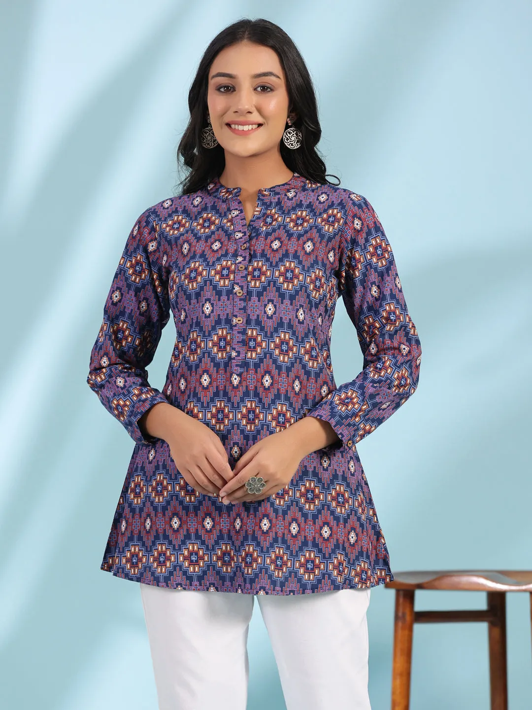 Juniper The Crafted Geometrics Blue Geometric Printed Rayon Tunic