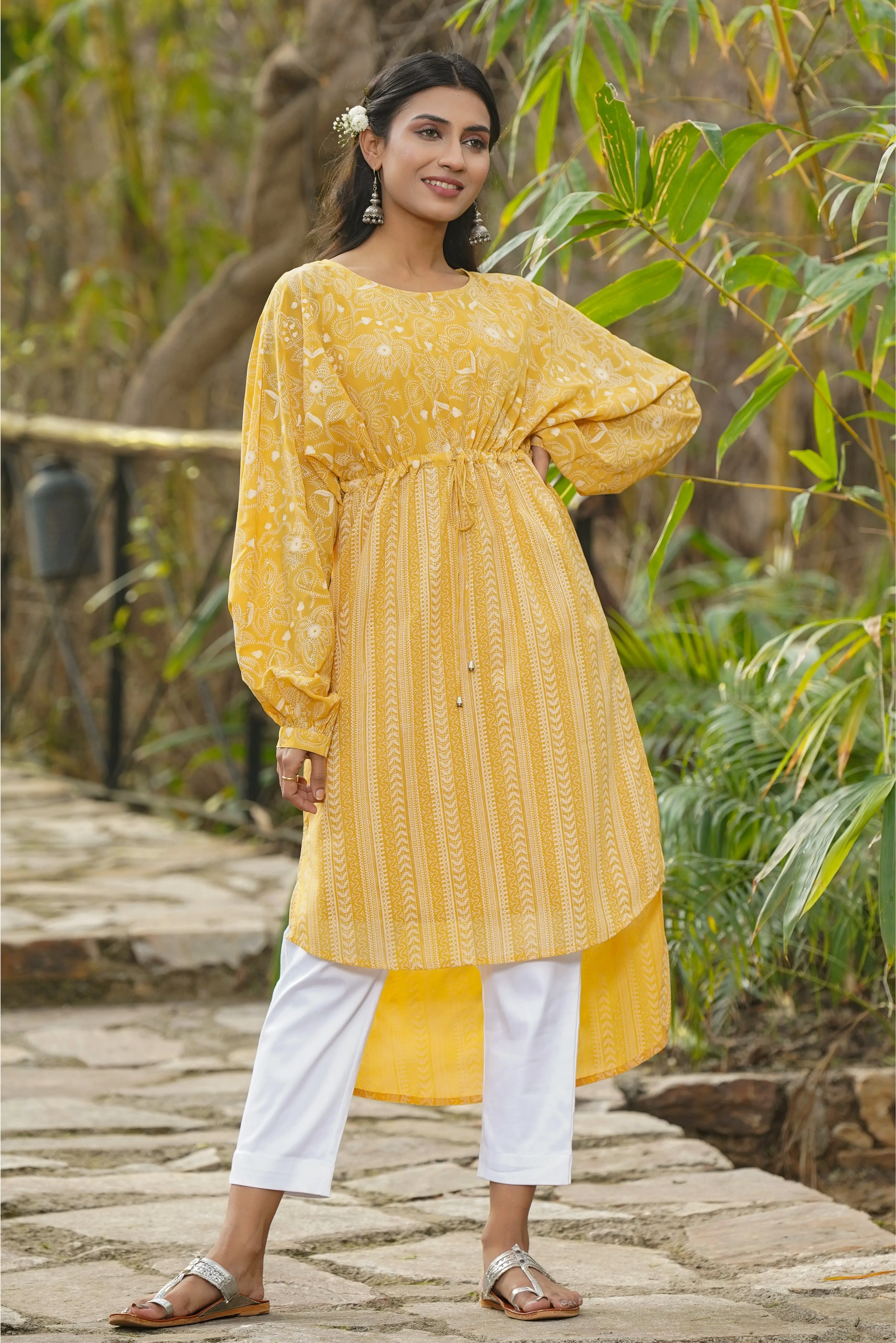 Juniper Yellow Floral Printed Georgette High- Low Tunic With Shantoon Inner