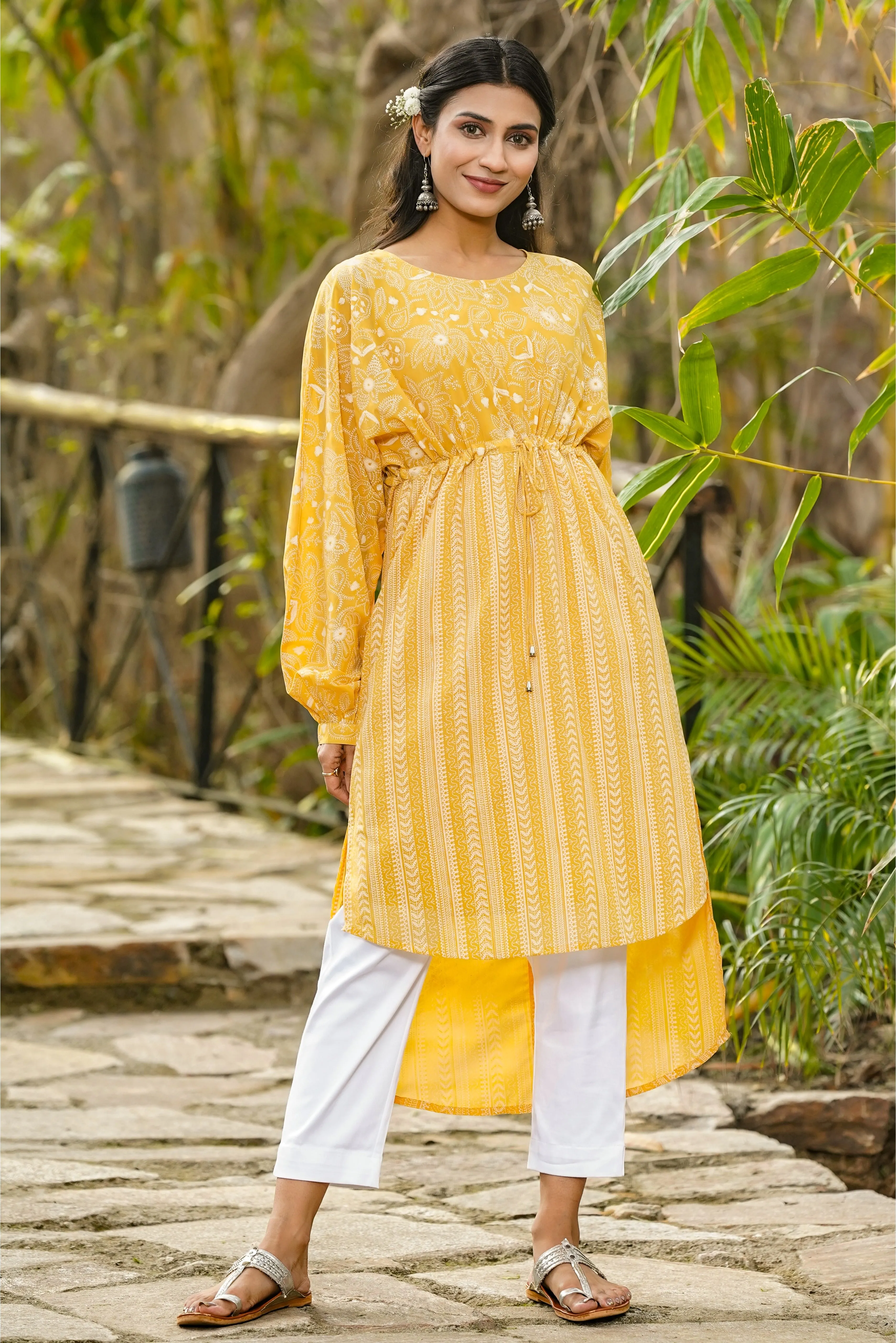 Juniper Yellow Floral Printed Georgette High- Low Tunic With Shantoon Inner