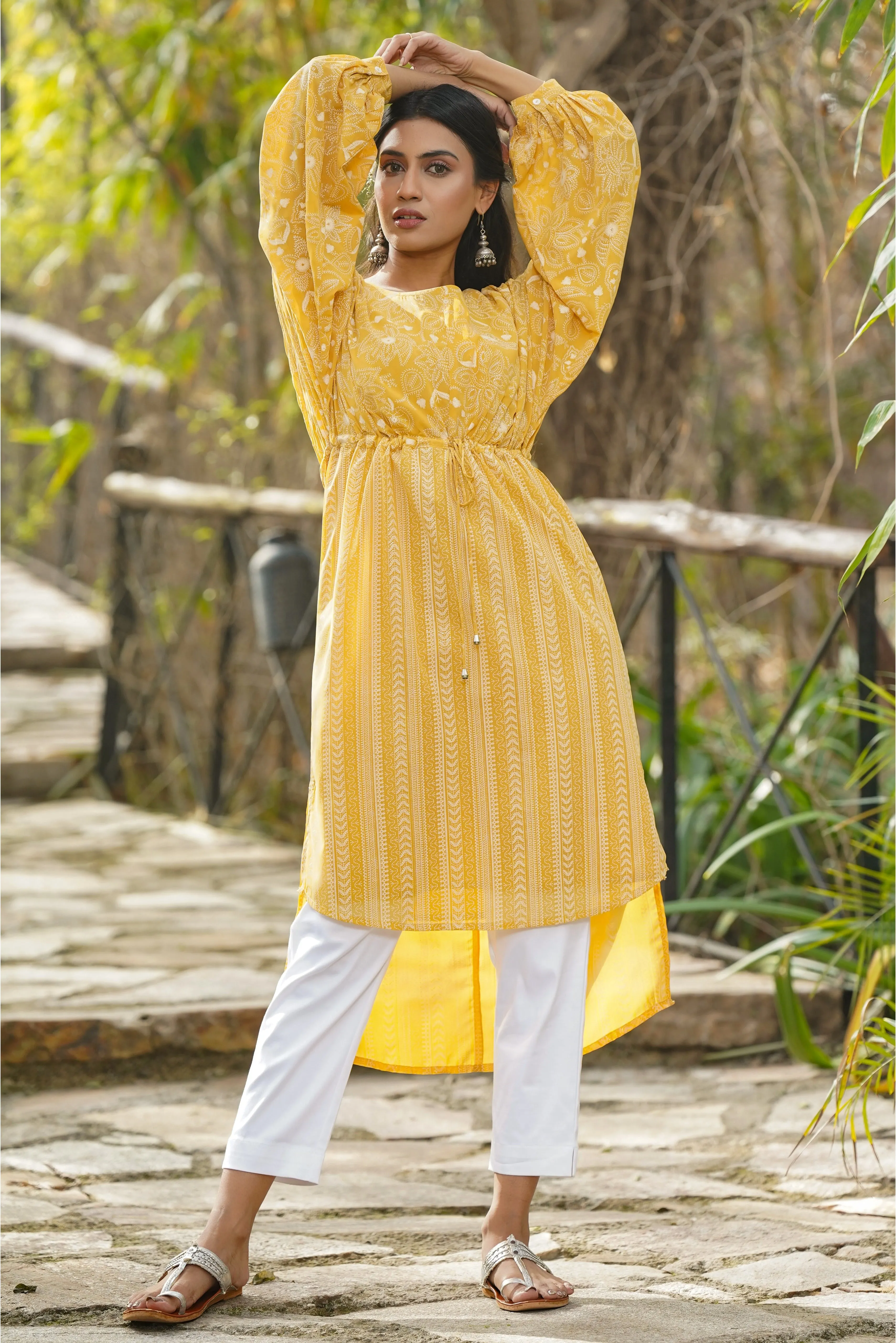 Juniper Yellow Floral Printed Georgette High- Low Tunic With Shantoon Inner