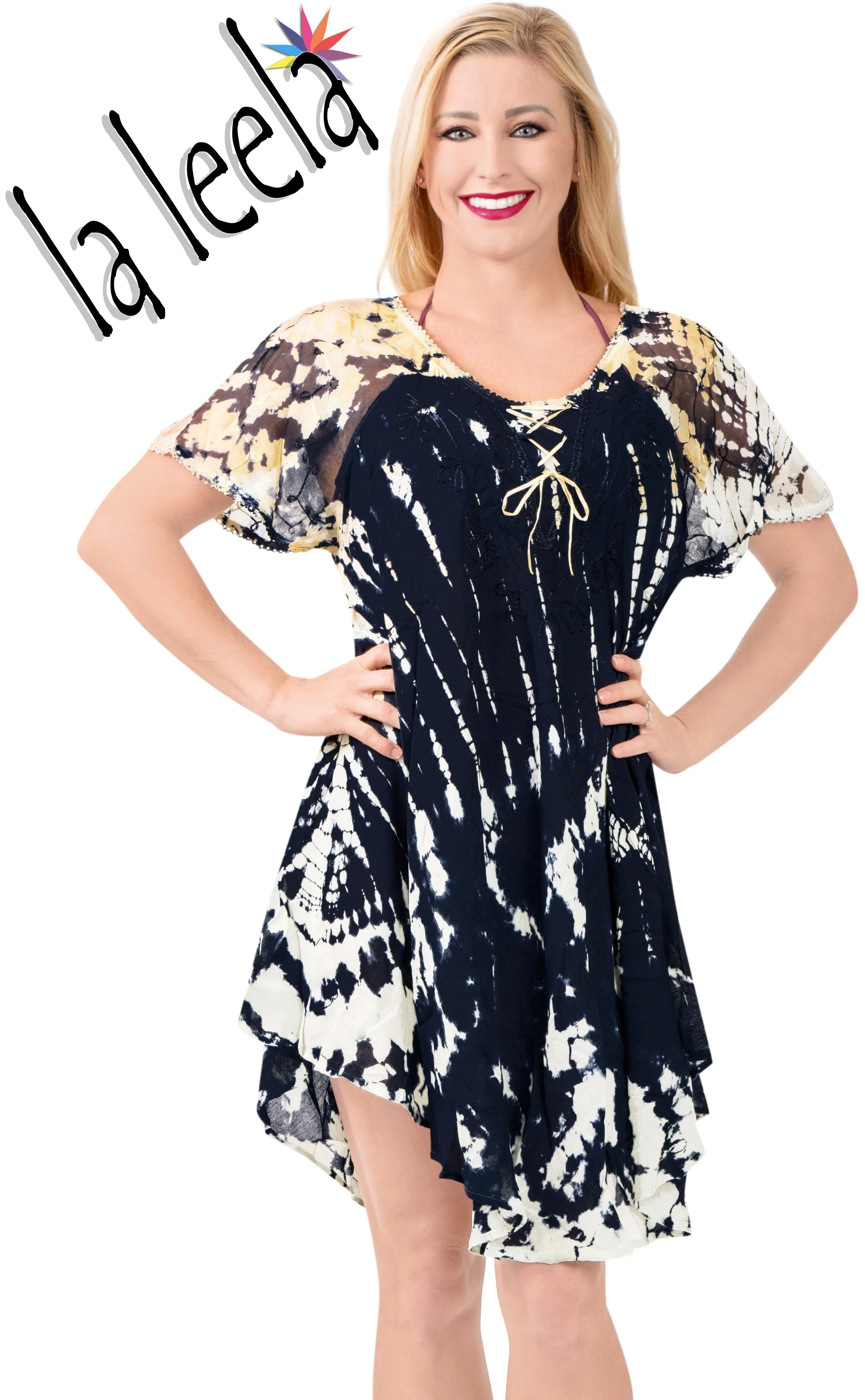 LA LEELA Women's Casual Summer Tank Swing Sun Dresses Cover Up Hand Tie Dye Black