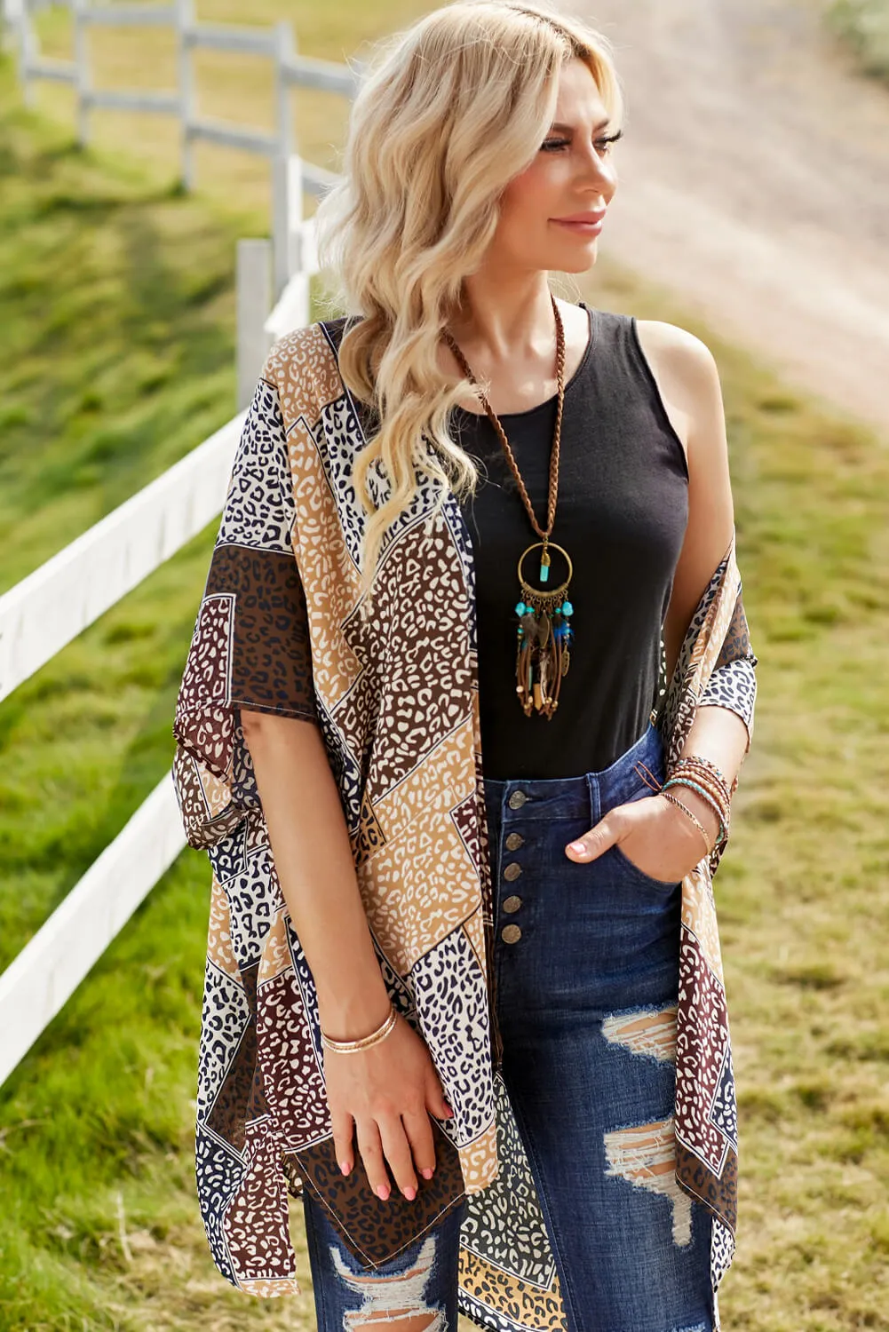 Leopard Patchwork Open Front Cardigan