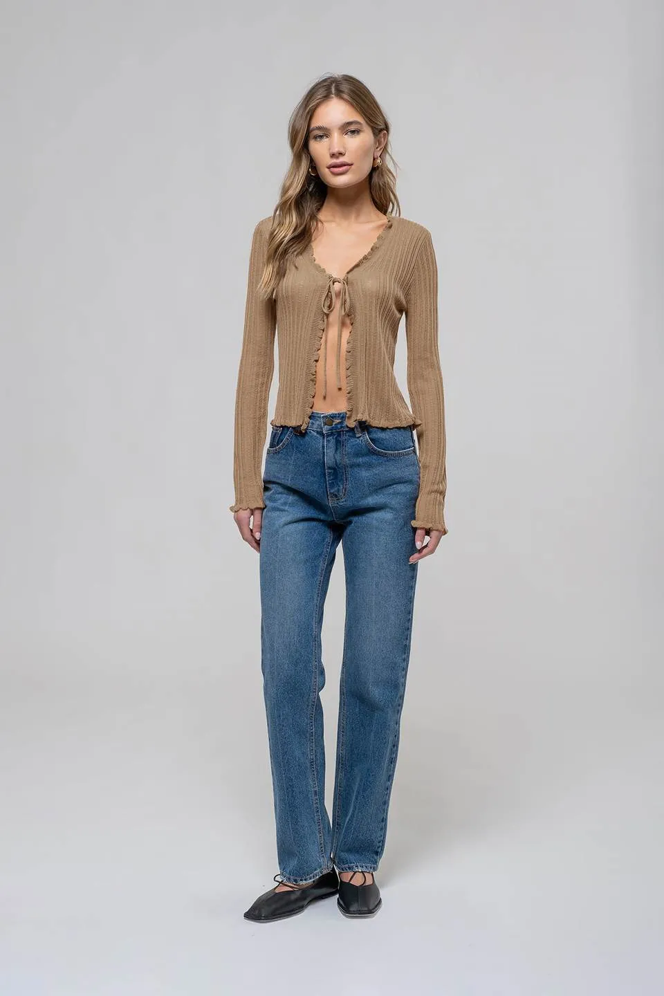 LETTUCE EDGE FRONT TIE KNIT SHEER CARDIGAN