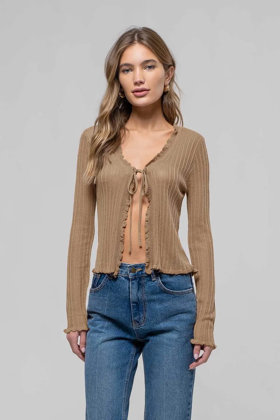 LETTUCE EDGE FRONT TIE KNIT SHEER CARDIGAN