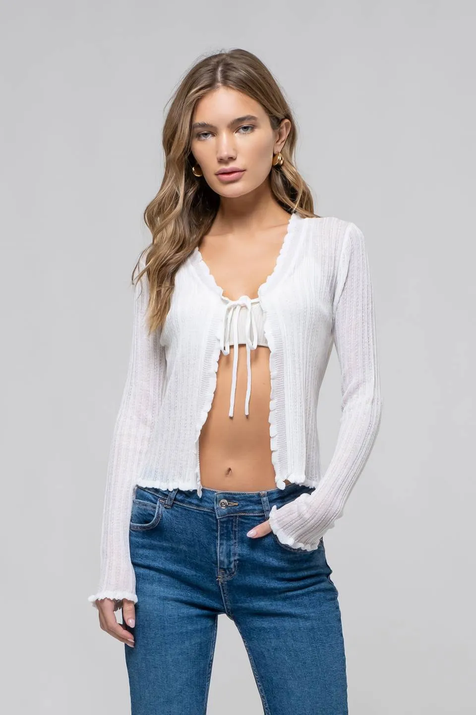 LETTUCE EDGE FRONT TIE KNIT SHEER CARDIGAN